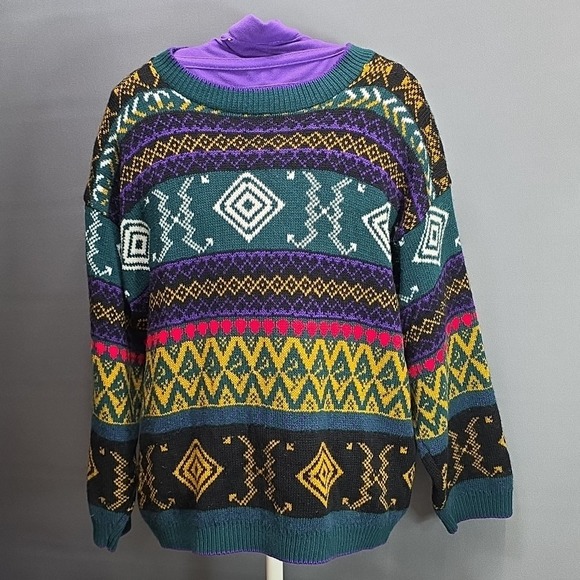 Woolrich Sweaters - Vintage Woolrich Sweater Women's Size Large Colorful Geometric Knit Green Purple